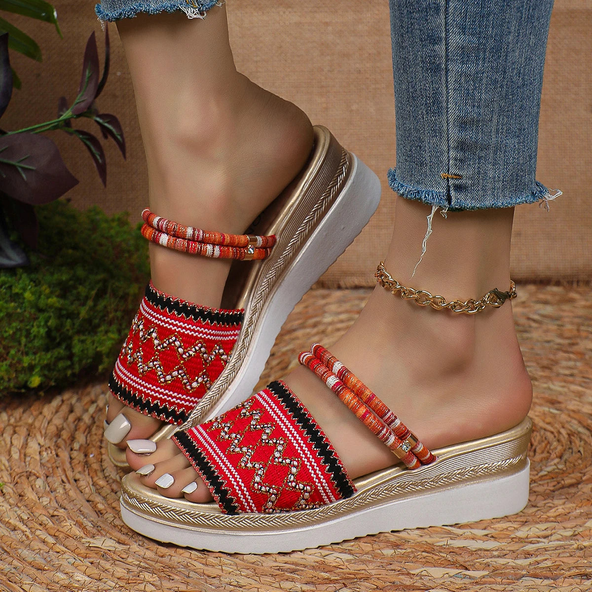 Summer New Fashion Bohemian Style Beach Slippers Casual Thick-soled Wedge-heeled Women Slippers Color-blocked Printed High Heels