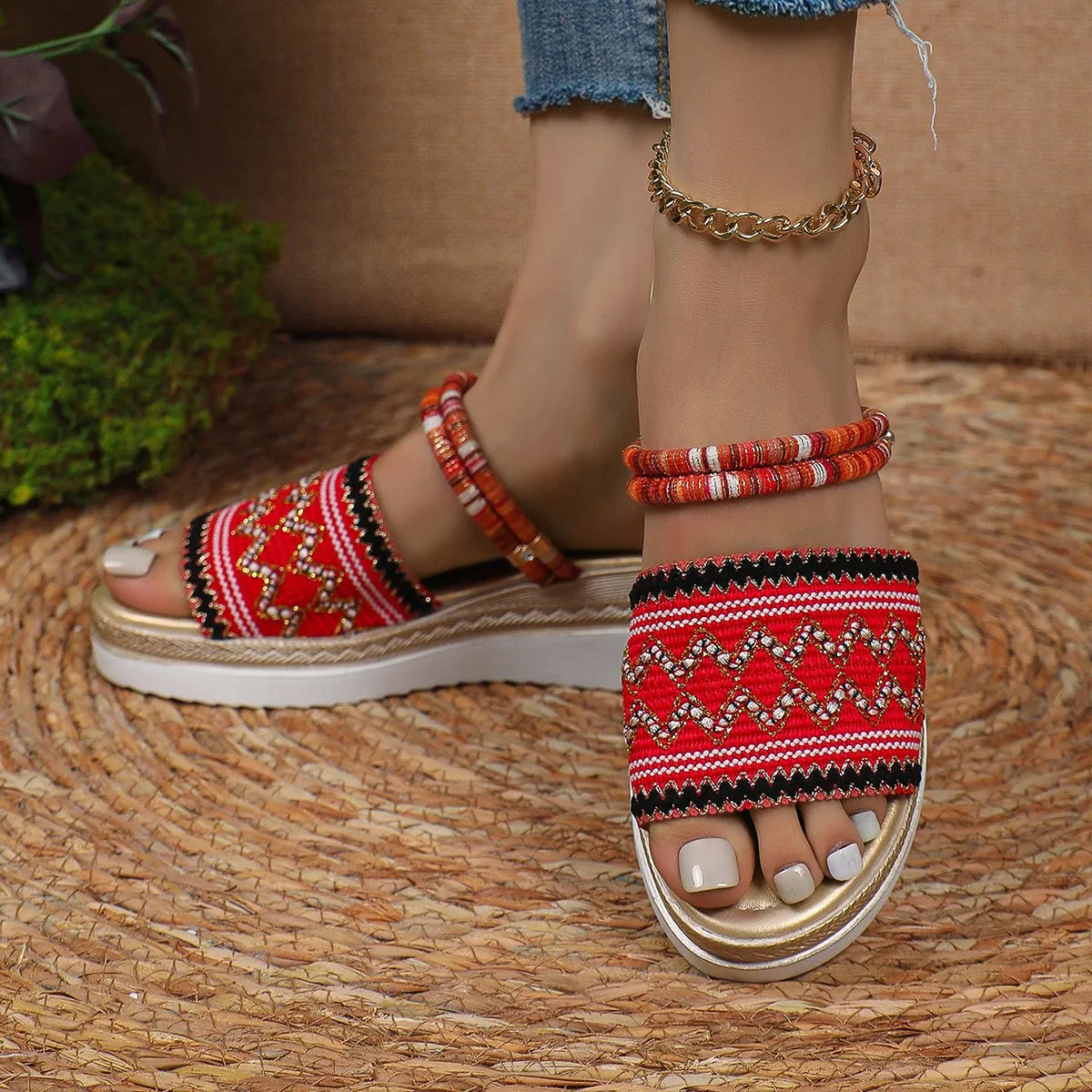 Summer New Fashion Bohemian Style Beach Slippers Casual Thick-soled Wedge-heeled Women Slippers Color-blocked Printed High Heels