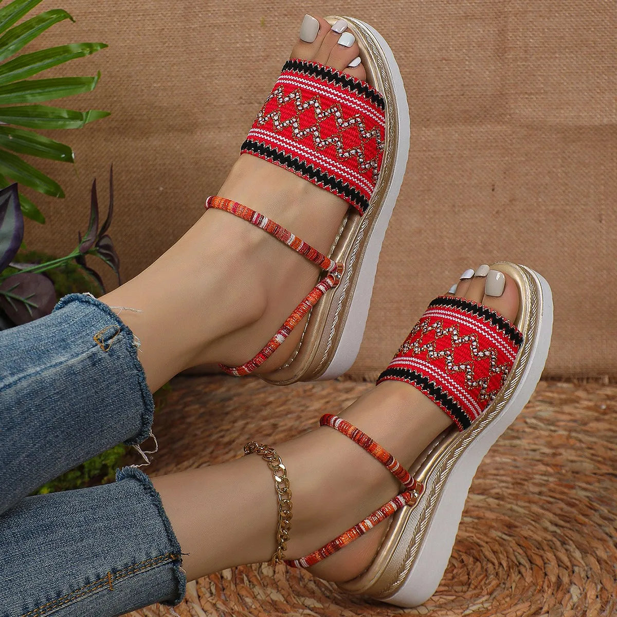 Summer New Fashion Bohemian Style Beach Slippers Casual Thick-soled Wedge-heeled Women Slippers Color-blocked Printed High Heels