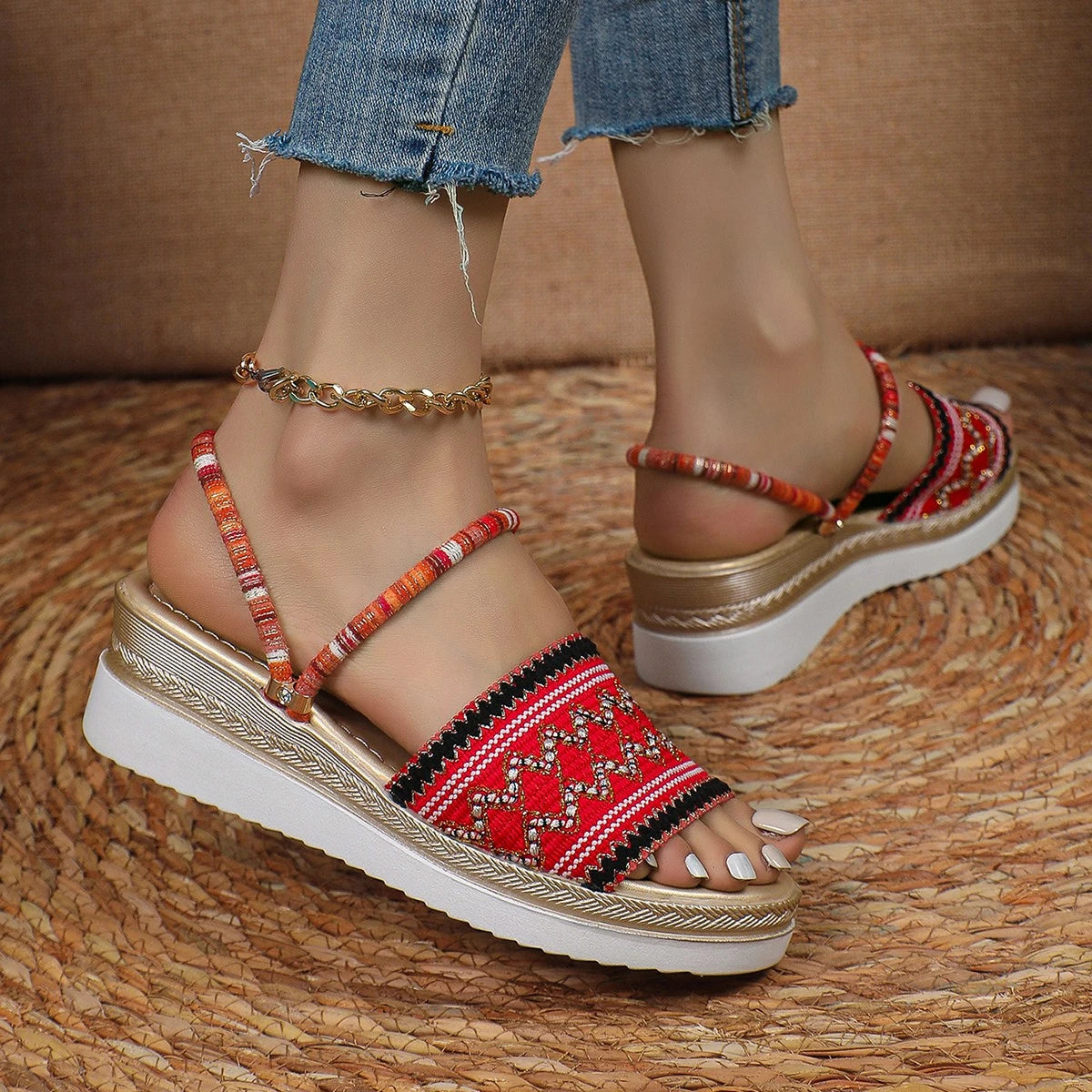 Summer New Fashion Bohemian Style Beach Slippers Casual Thick-soled Wedge-heeled Women Slippers Color-blocked Printed High Heels