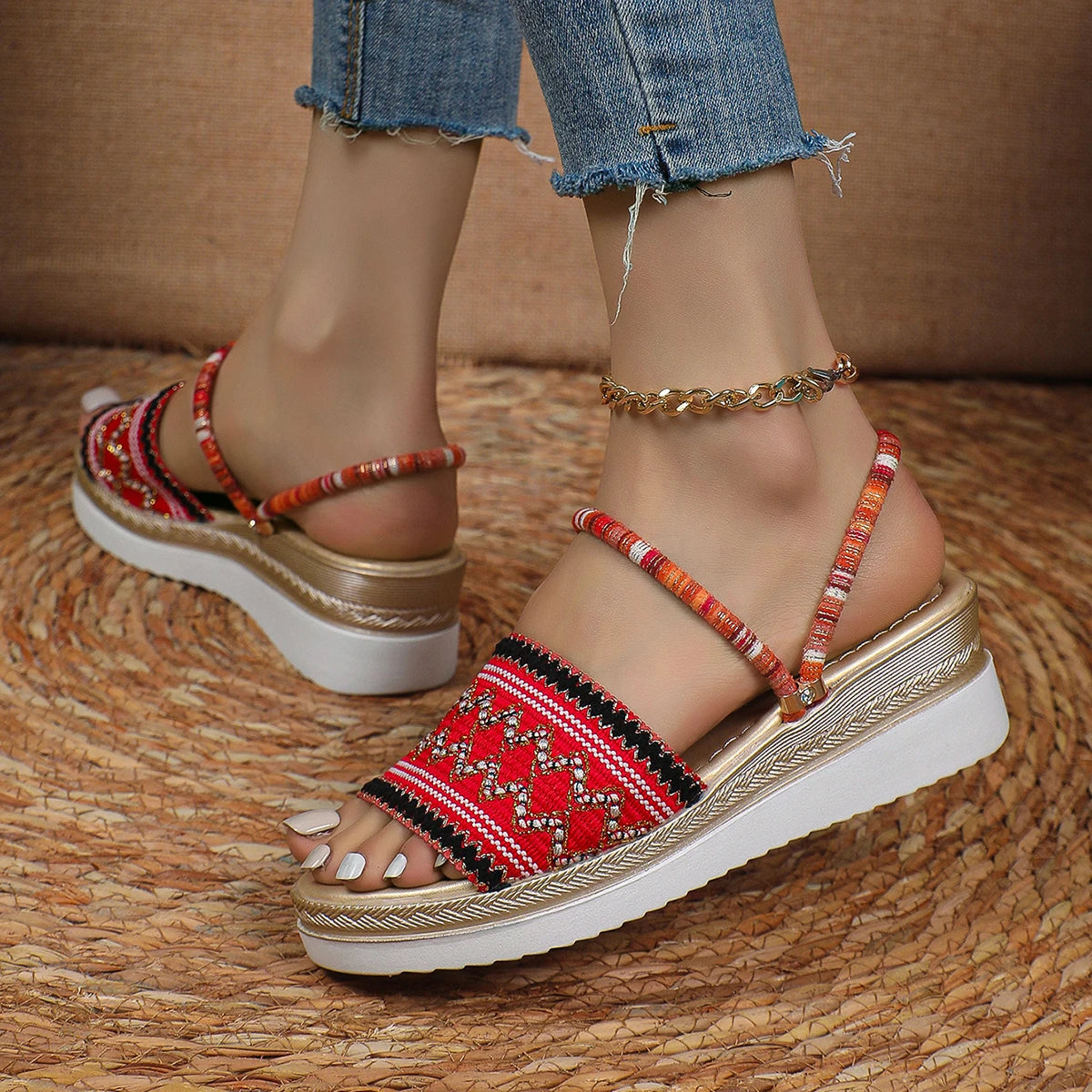 Summer New Fashion Bohemian Style Beach Slippers Casual Thick-soled Wedge-heeled Women Slippers Color-blocked Printed High Heels